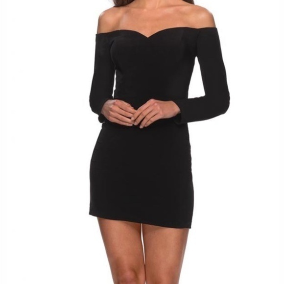 La‎ Femme Lace Up Back Mini Dress Women’s Size 10 Long Sleeve Off Shoulder Black - Picture 1 of 12